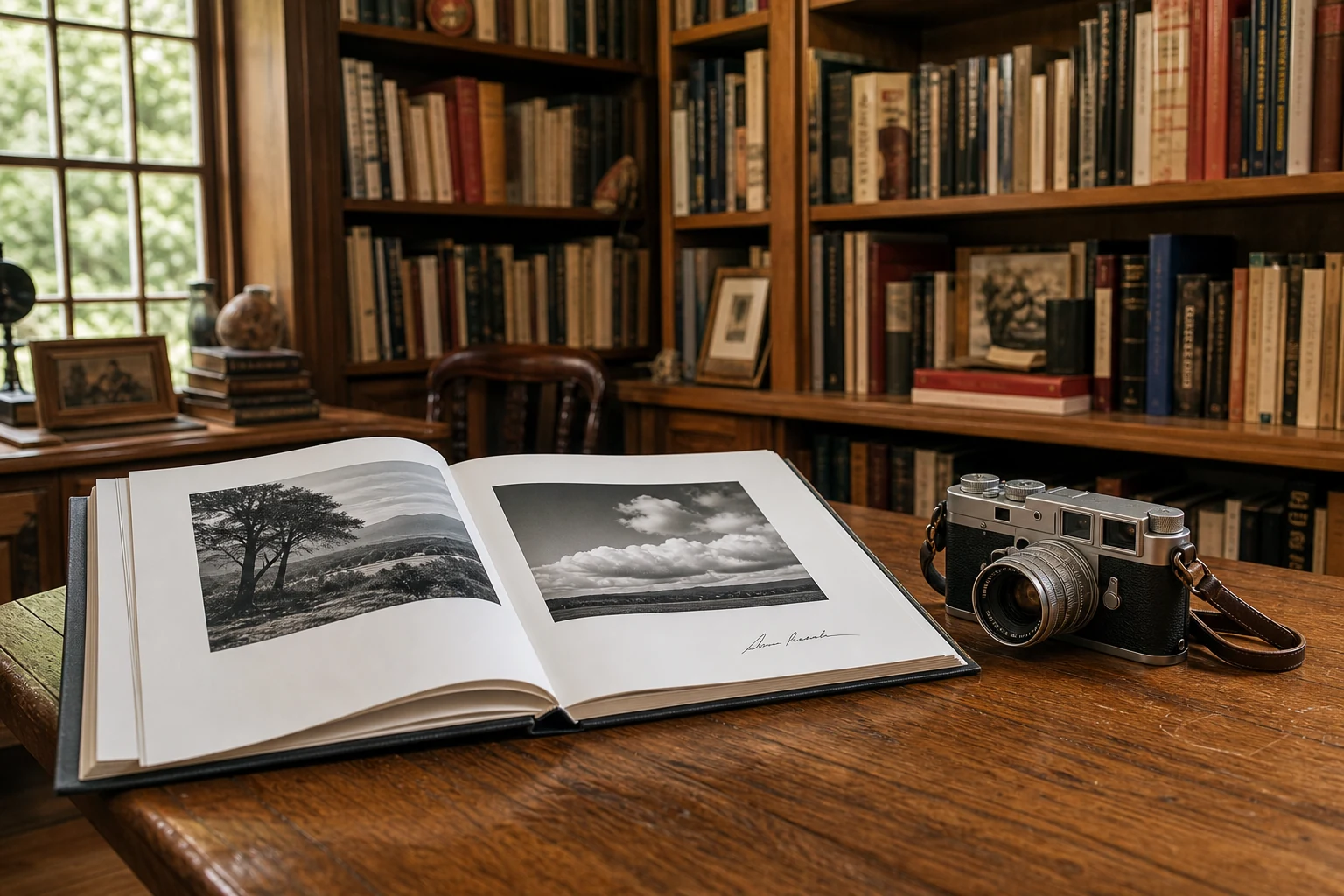 An open signed photography book and camera in a warm private library
